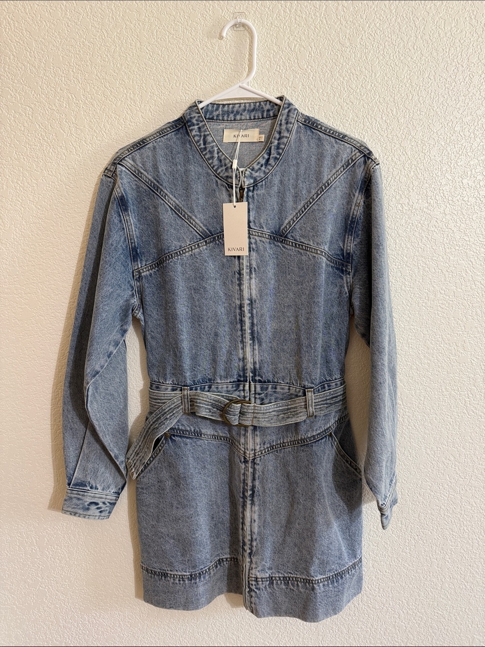 Kivari Light Blue Denim Jacket Dress with Waist Tie